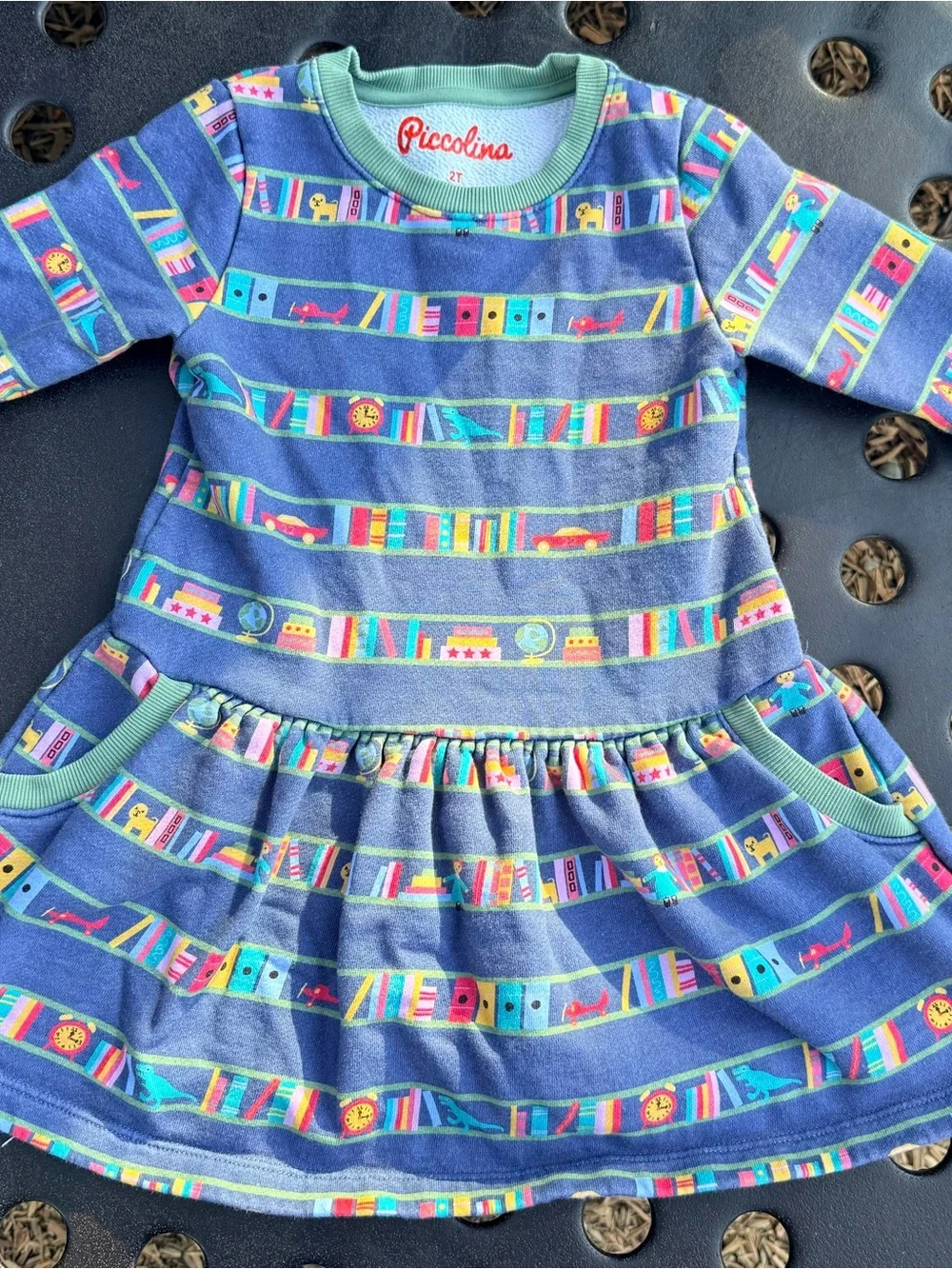 Piccolina Long Sleeve Dress Girls 2T Blue Bookshelf Print Cotton Colorful Fun